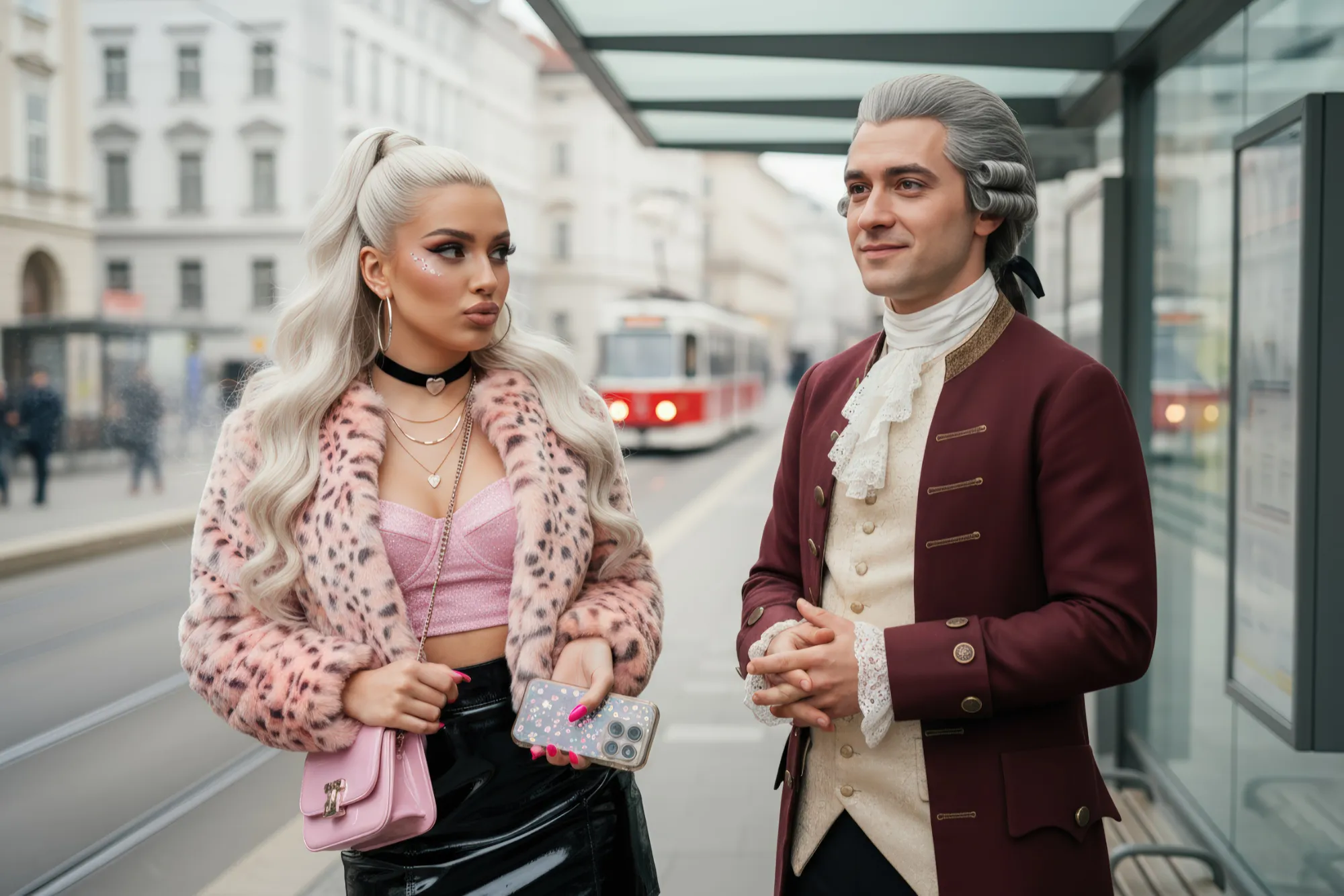 KI-Szene: Mozart trifft moderne Influencerin an einer Straßenbahn-Haltestelle in der Stadt.