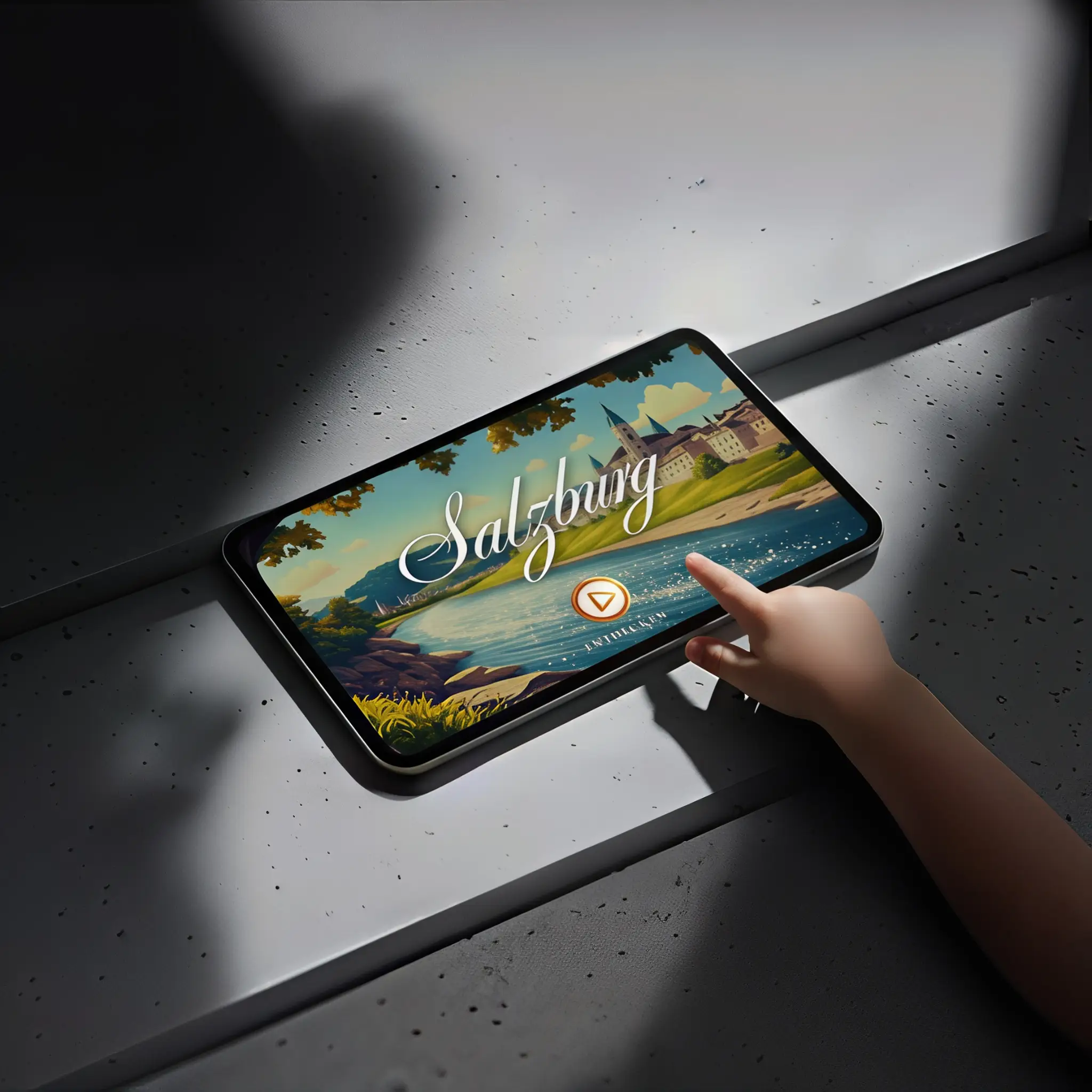 Kinderhand berührt ein Tablet auf einem Tisch, das ein illustriertes Salzburg-Motiv mit Schriftzug „Salzburg entdecken“ zeigt.