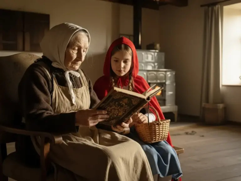 Großmutter und Rotkäppchen lesen in der Stube gemeinsam ein Buch; Korb auf dem Schoß, Kachelofen im Hintergrund. KI-Illustration (1812).