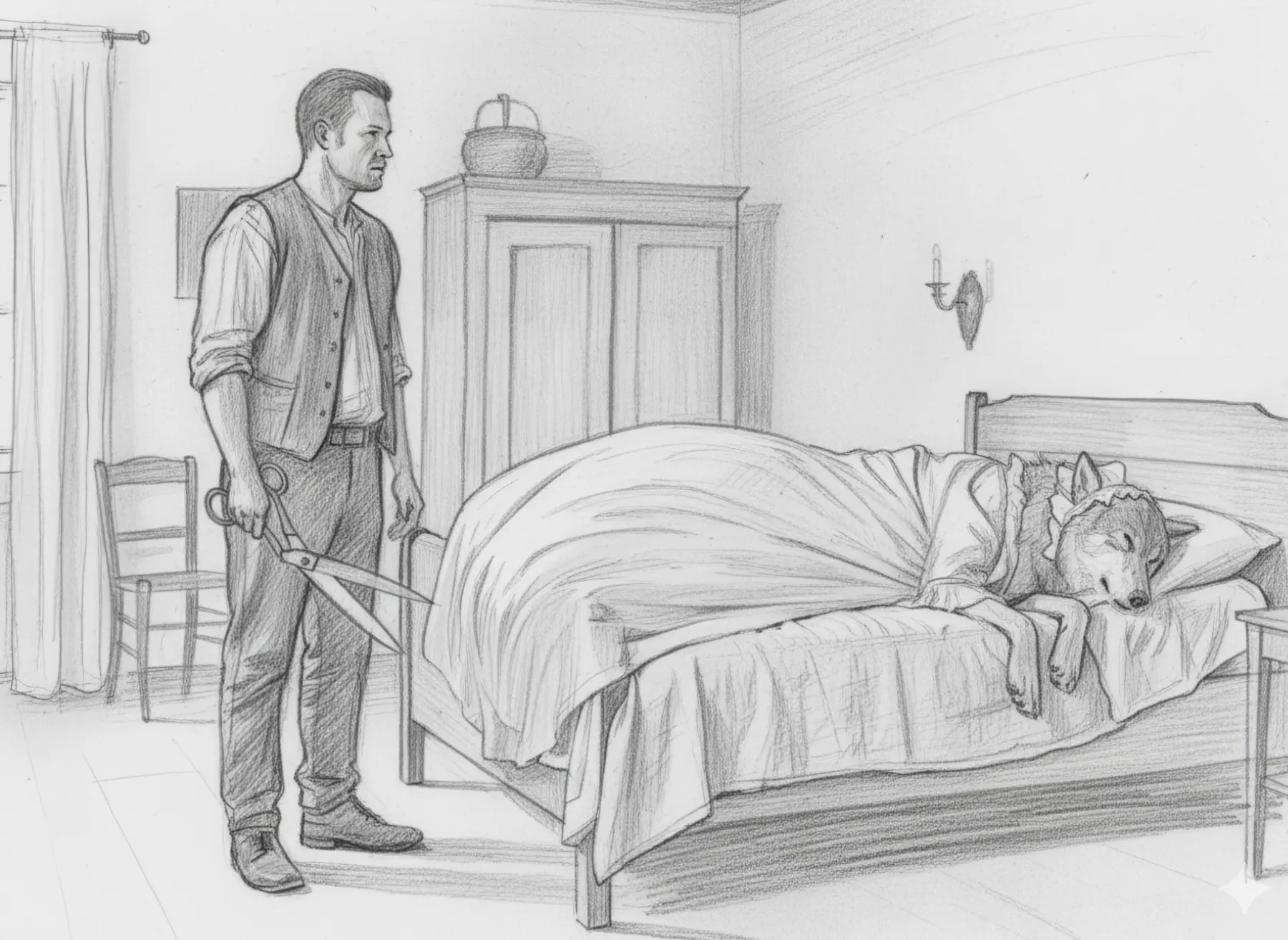 Die Mutter überreicht Rotkäppchen den Korb mit Brot und Äpfeln in der Küche. KI-Illustration zum Originalmärchen (1812).