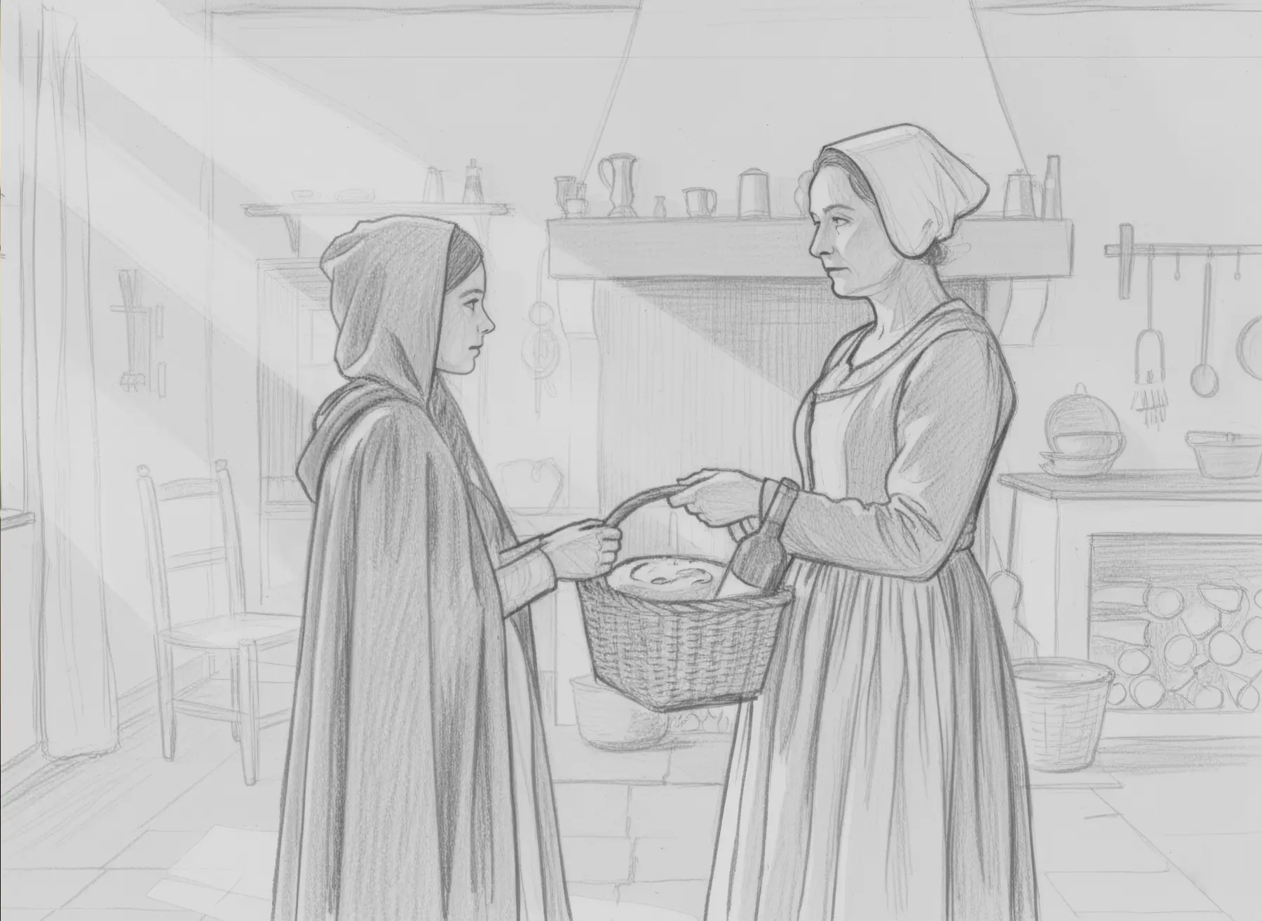 Die Mutter überreicht Rotkäppchen den Korb mit Brot und Äpfeln in der Küche. KI-Illustration zum Originalmärchen (1812).