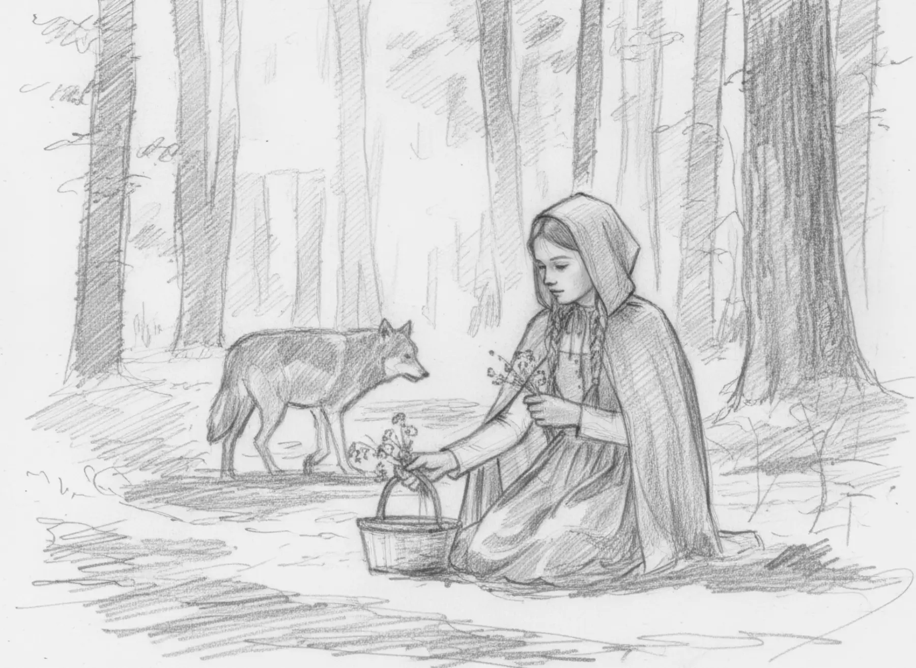 Die Mutter überreicht Rotkäppchen den Korb mit Brot und Äpfeln in der Küche. KI-Illustration zum Originalmärchen (1812).