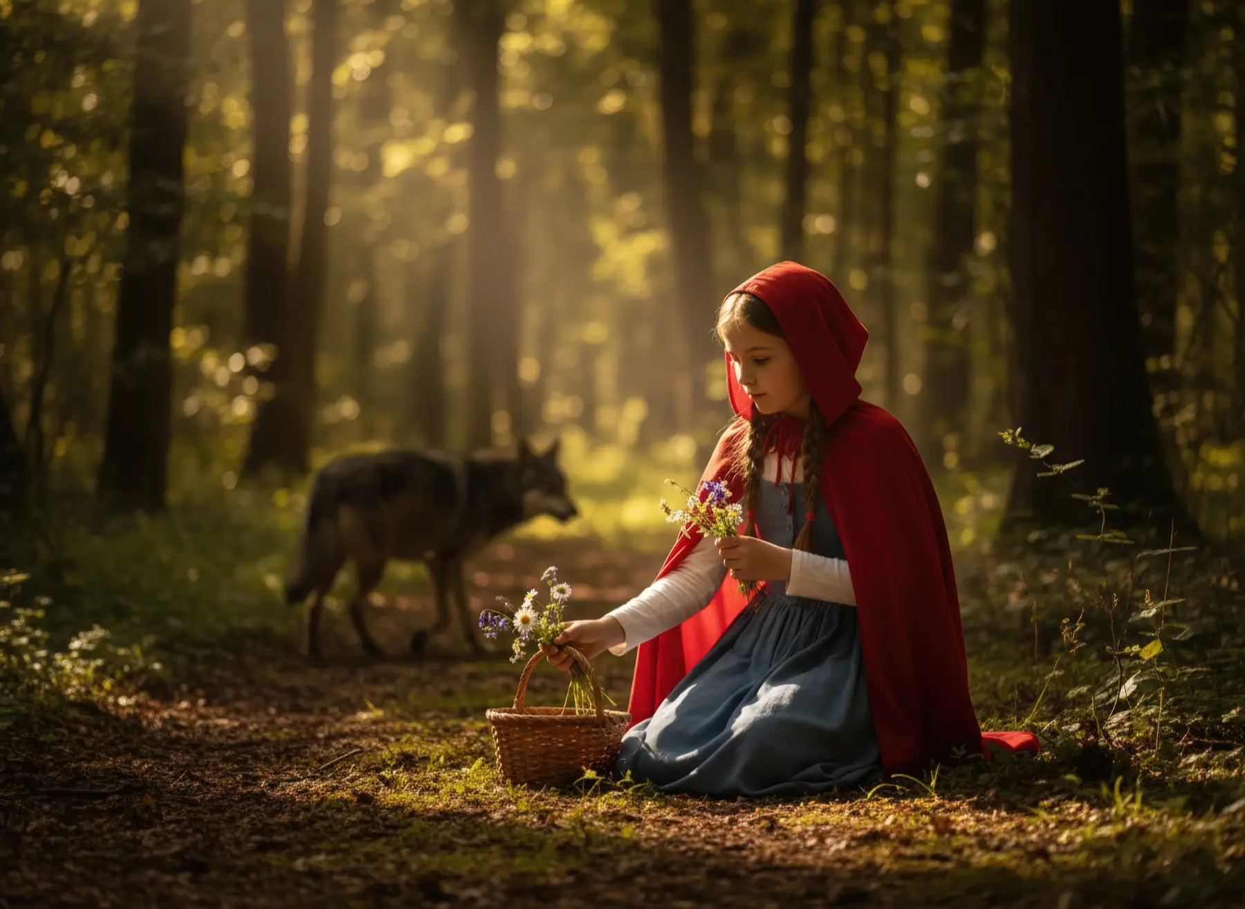 Die Mutter überreicht Rotkäppchen den Korb mit Brot und Äpfeln in der Küche. KI-Illustration zum Originalmärchen (1812).