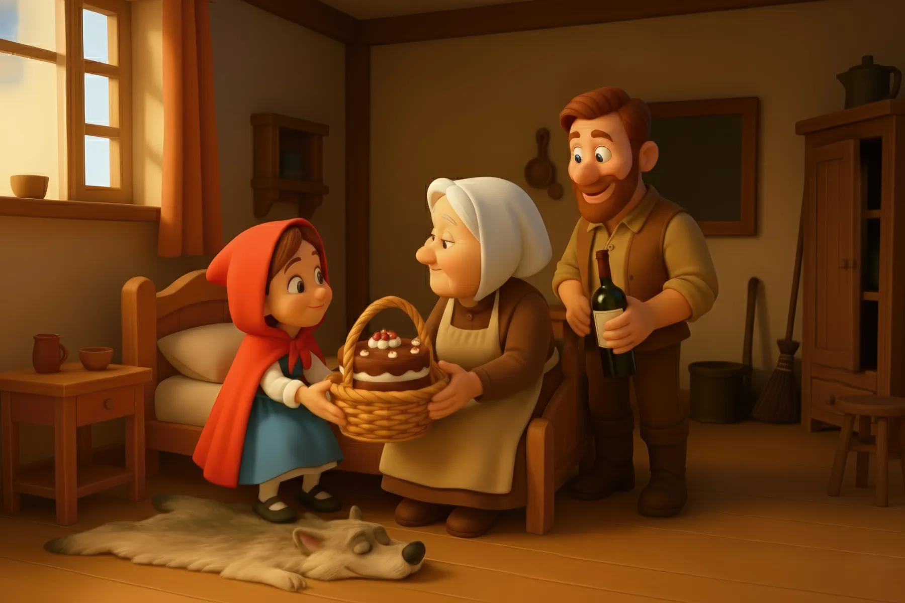 Die Mutter überreicht Rotkäppchen den Korb mit Brot und Äpfeln in der Küche. KI-Illustration zum Originalmärchen (1812).