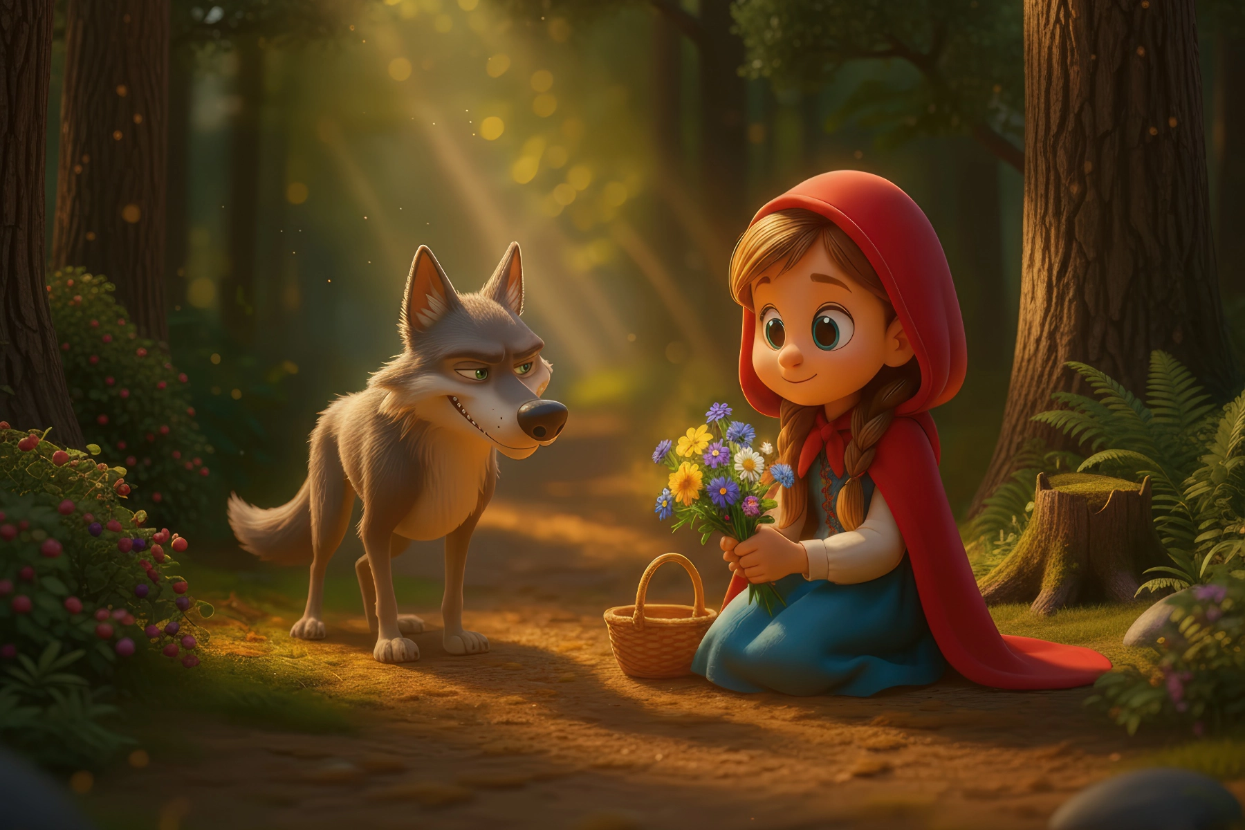 Die Mutter überreicht Rotkäppchen den Korb mit Brot und Äpfeln in der Küche. KI-Illustration zum Originalmärchen (1812).