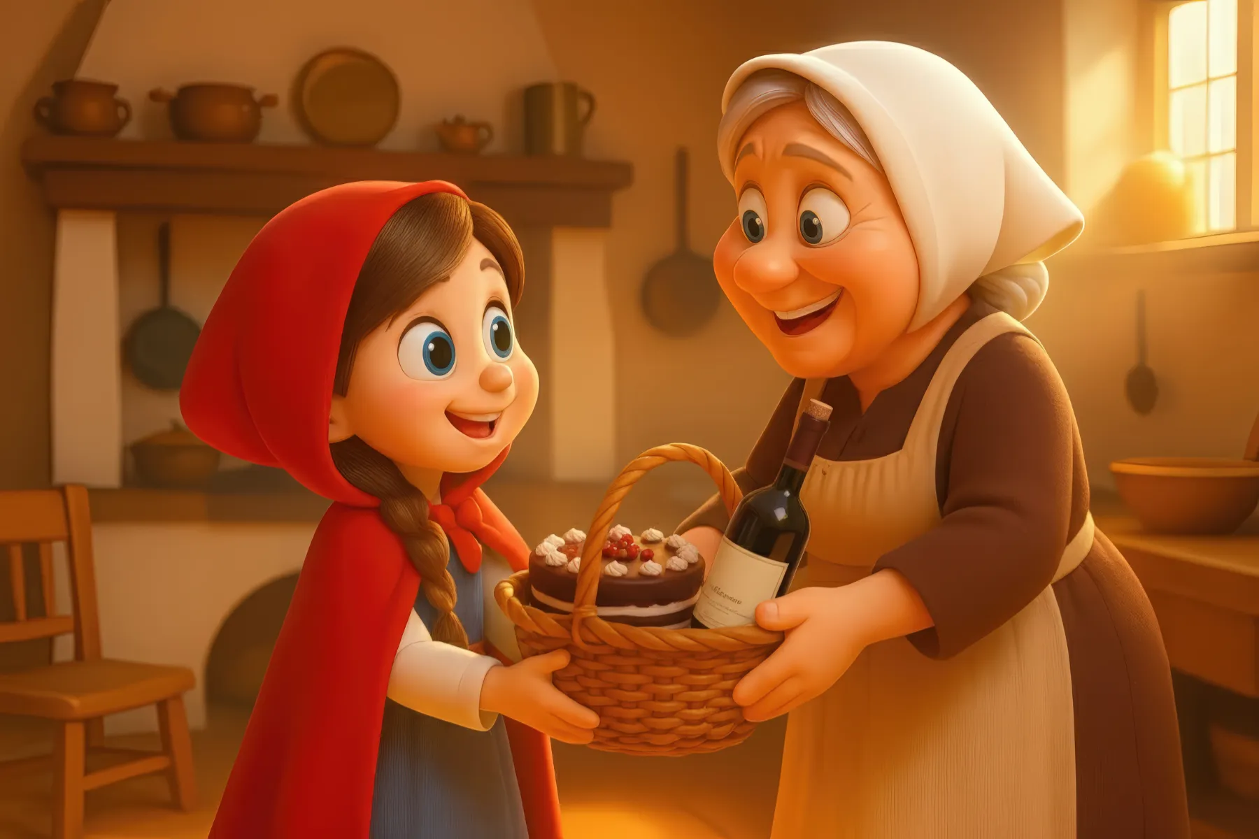 Die Mutter überreicht Rotkäppchen den Korb mit Brot und Äpfeln in der Küche. KI-Illustration zum Originalmärchen (1812).