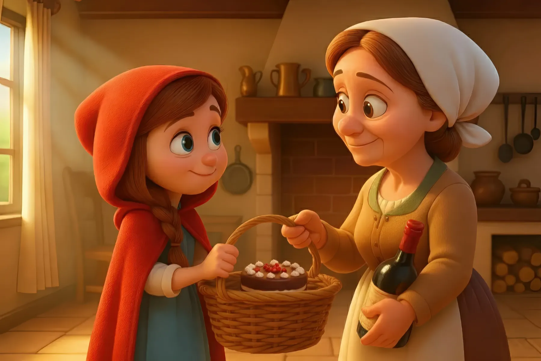 Die Mutter überreicht Rotkäppchen den Korb mit Brot und Äpfeln in der Küche. KI-Illustration zum Originalmärchen (1812).