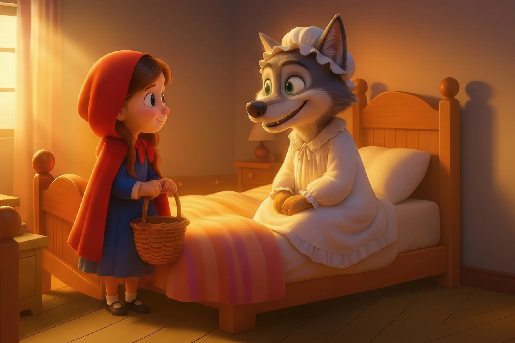 Die Mutter überreicht Rotkäppchen den Korb mit Brot und Äpfeln in der Küche. KI-Illustration zum Originalmärchen (1812).