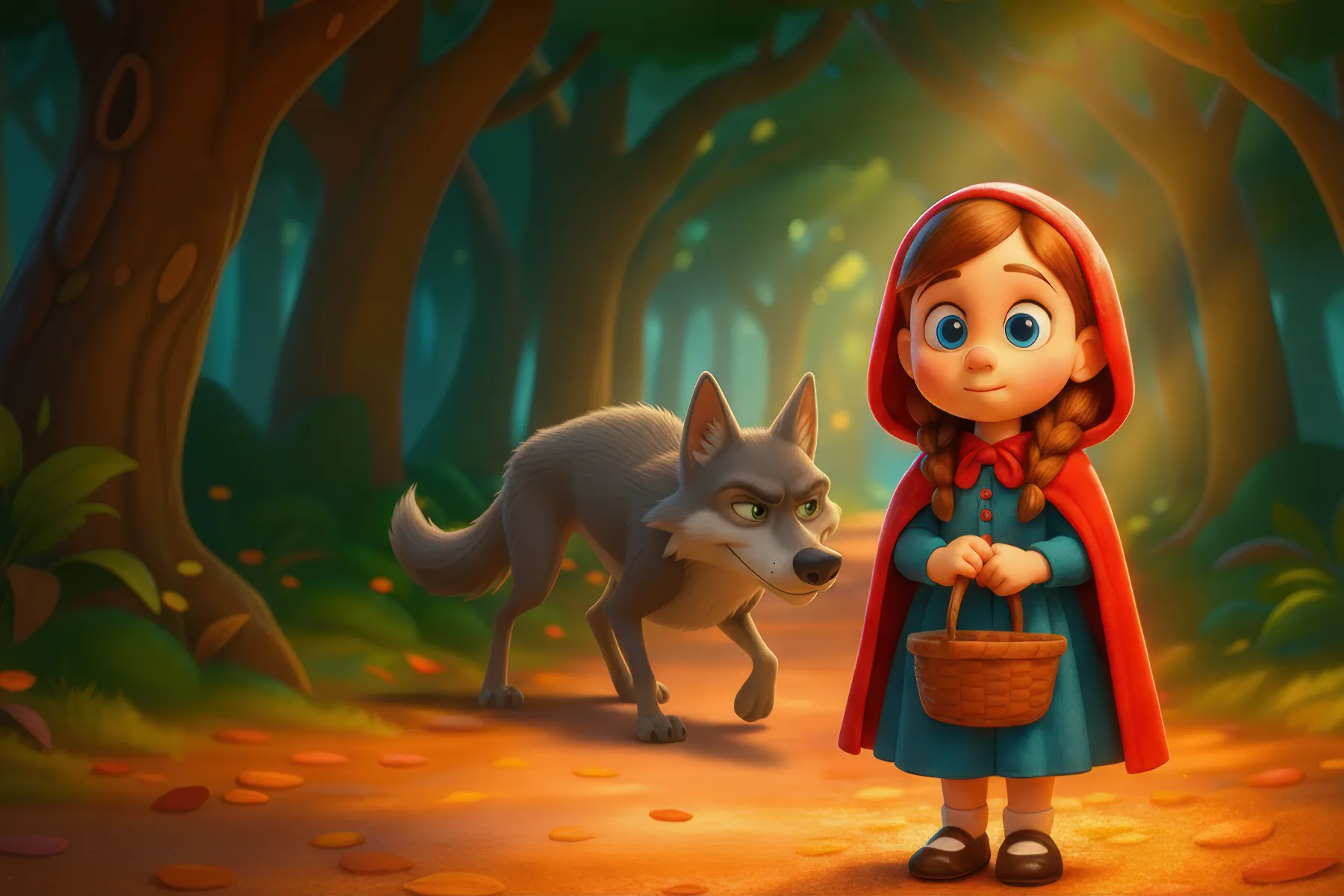 Die Mutter überreicht Rotkäppchen den Korb mit Brot und Äpfeln in der Küche. KI-Illustration zum Originalmärchen (1812).