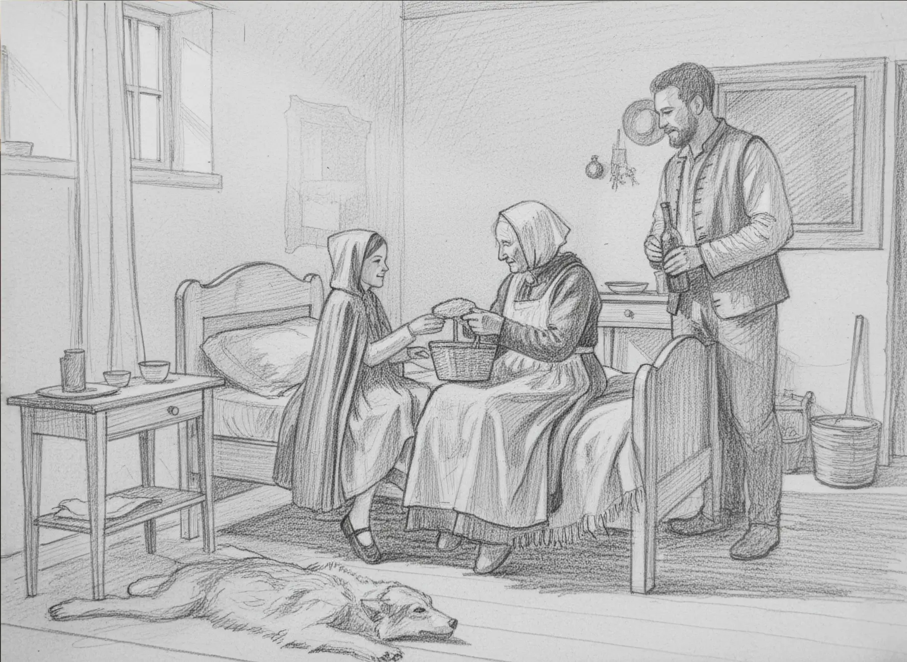 Die Mutter überreicht Rotkäppchen den Korb mit Brot und Äpfeln in der Küche. KI-Illustration zum Originalmärchen (1812).