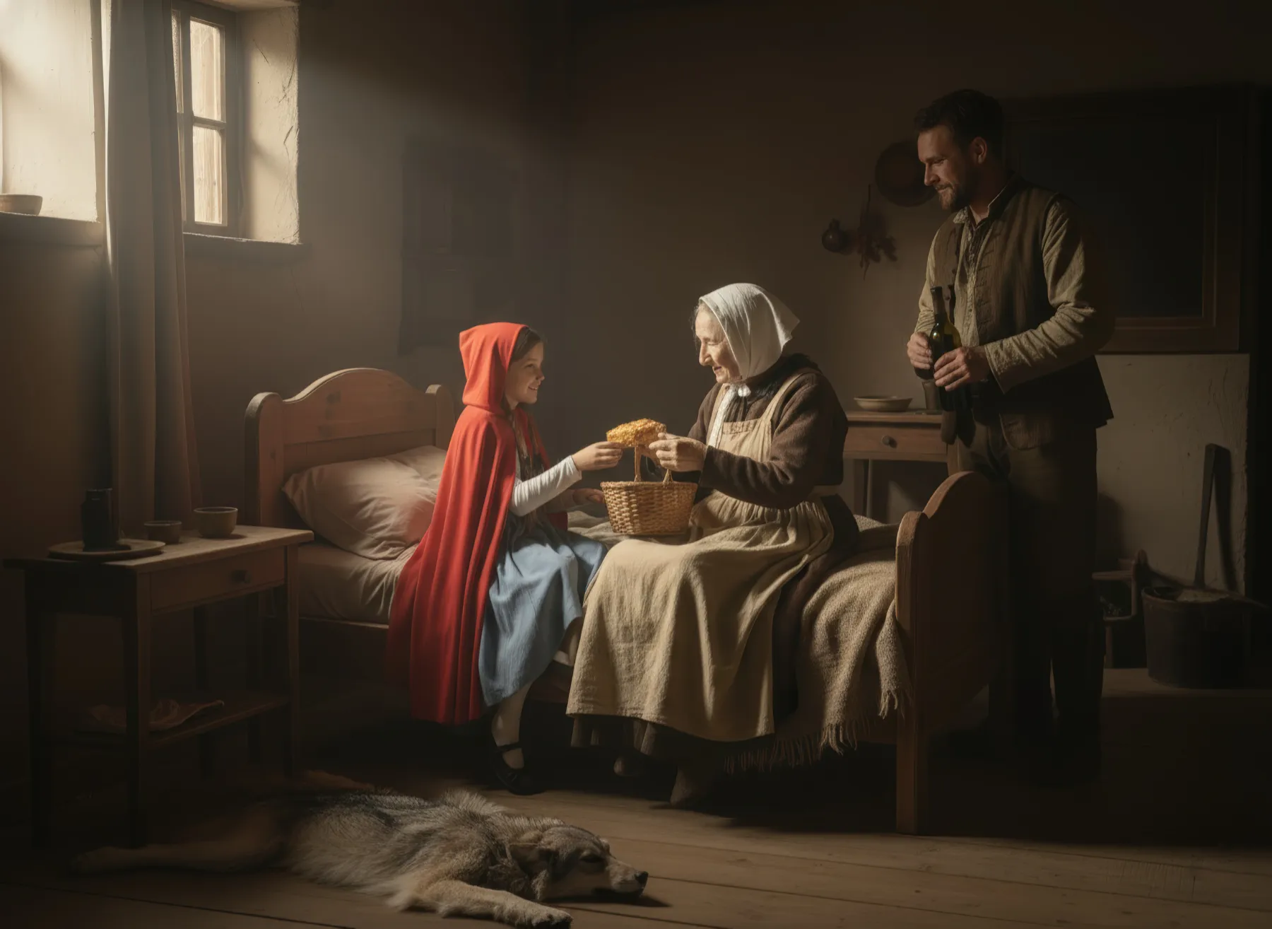 Die Mutter überreicht Rotkäppchen den Korb mit Brot und Äpfeln in der Küche. KI-Illustration zum Originalmärchen (1812).