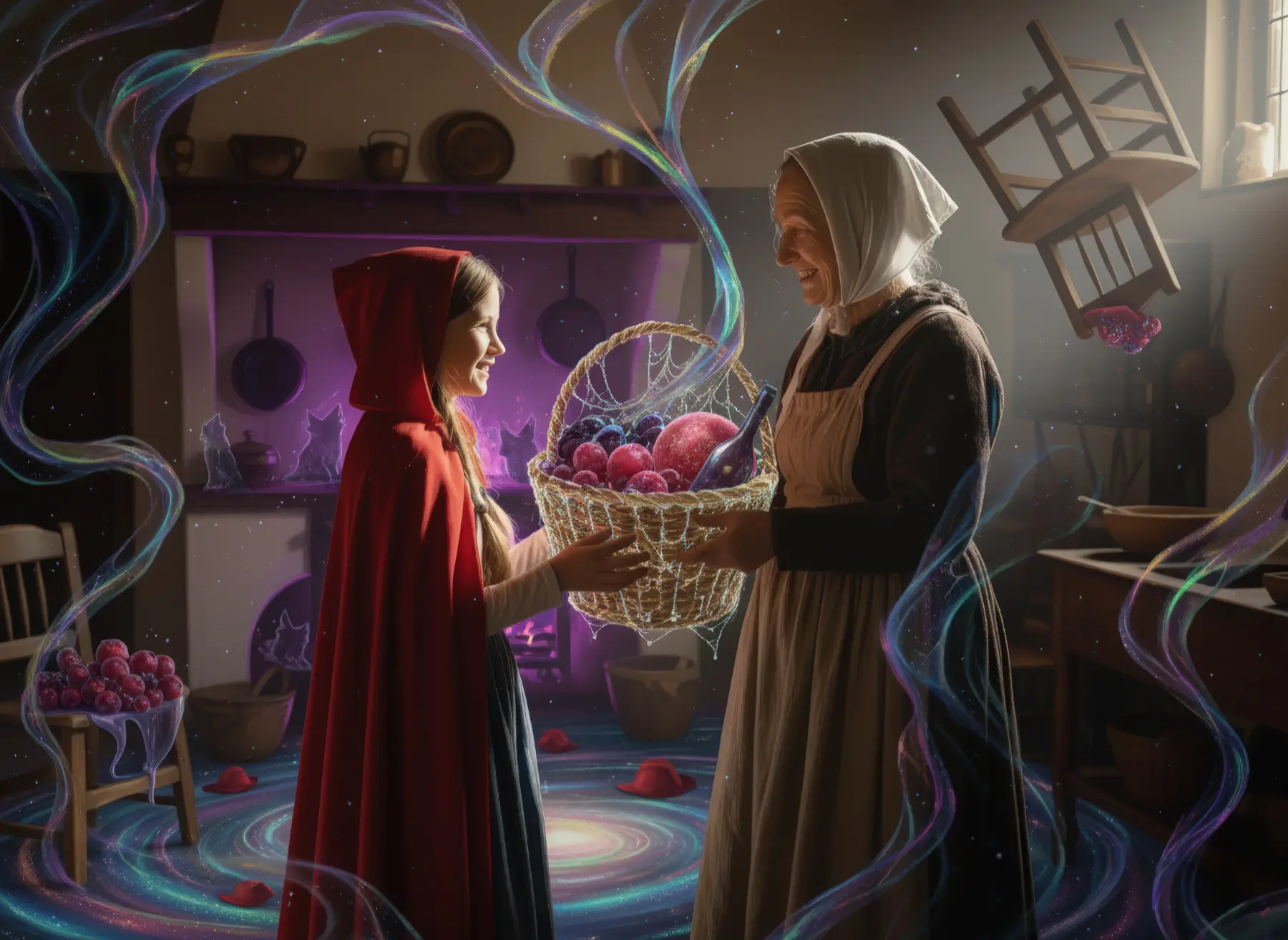 Die Mutter überreicht Rotkäppchen den Korb mit Brot und Äpfeln in der Küche. KI-Illustration zum Originalmärchen (1812).