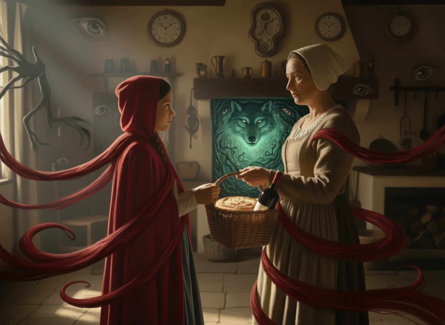 Die Mutter überreicht Rotkäppchen den Korb mit Brot und Äpfeln in der Küche. KI-Illustration zum Originalmärchen (1812).