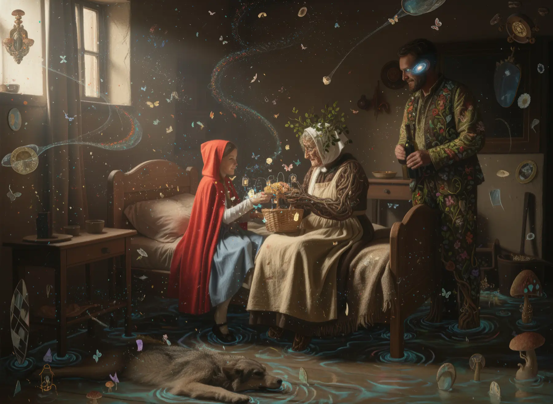 Die Mutter überreicht Rotkäppchen den Korb mit Brot und Äpfeln in der Küche. KI-Illustration zum Originalmärchen (1812).