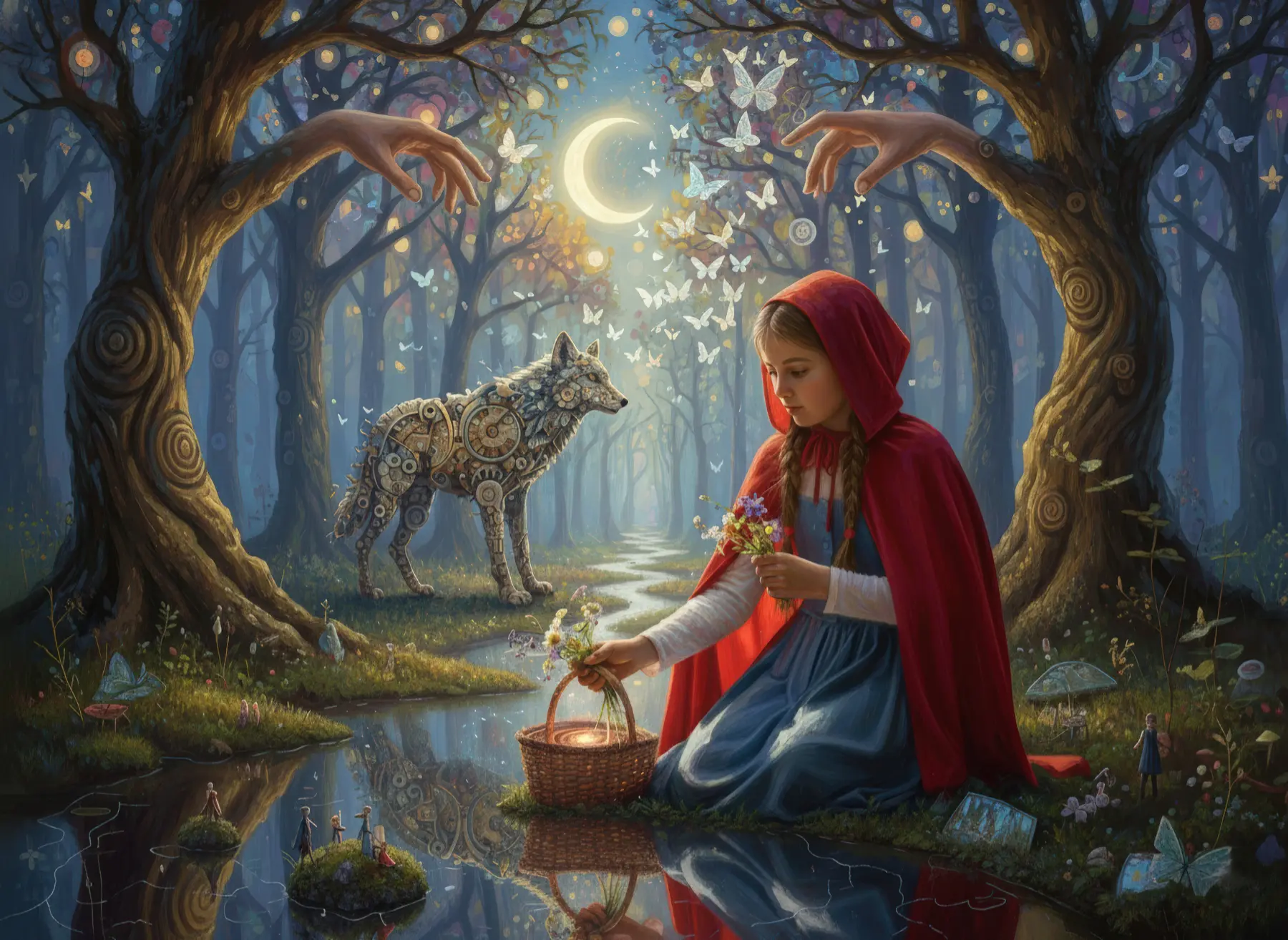 Die Mutter überreicht Rotkäppchen den Korb mit Brot und Äpfeln in der Küche. KI-Illustration zum Originalmärchen (1812).