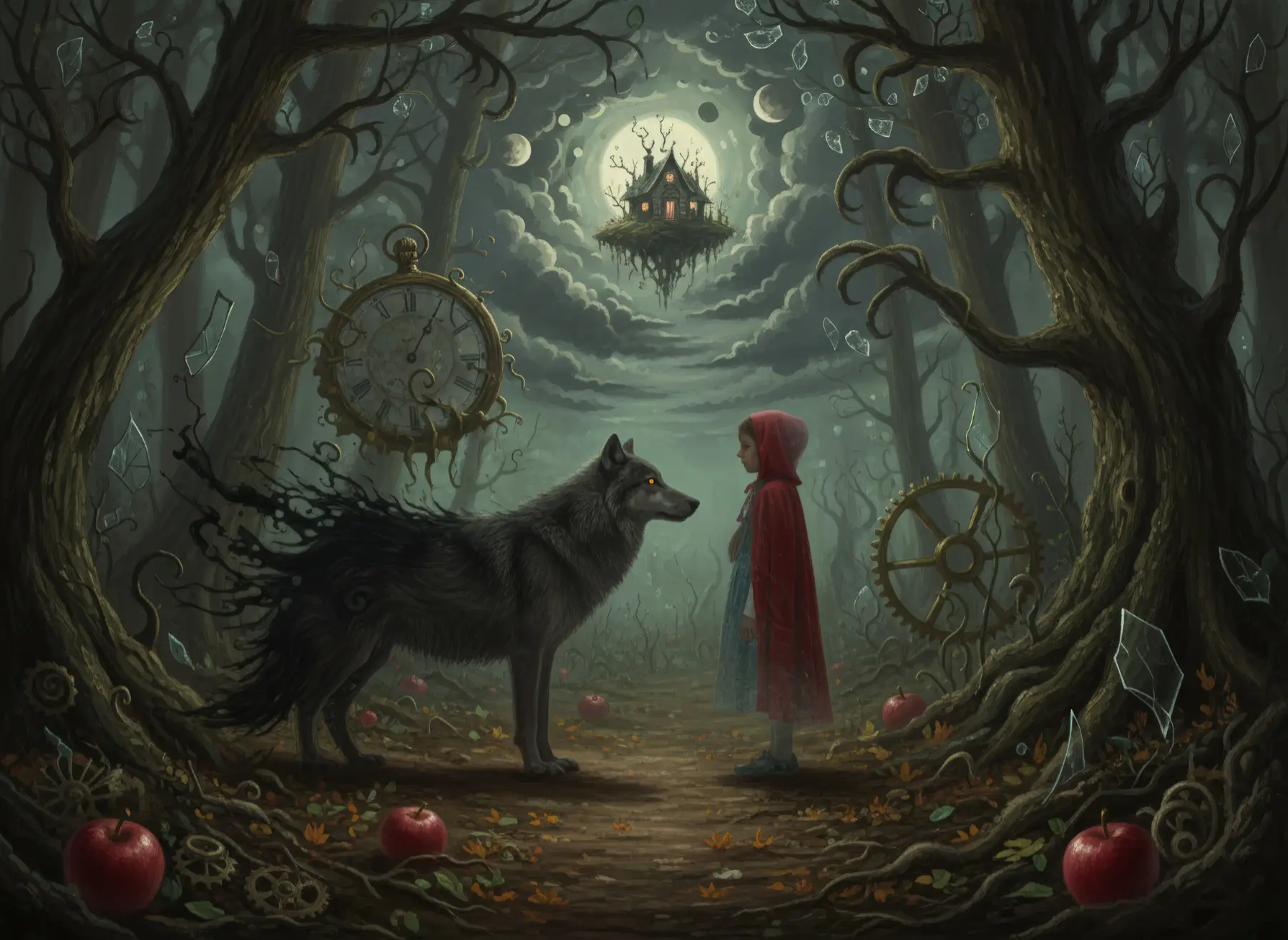 Die Mutter überreicht Rotkäppchen den Korb mit Brot und Äpfeln in der Küche. KI-Illustration zum Originalmärchen (1812).