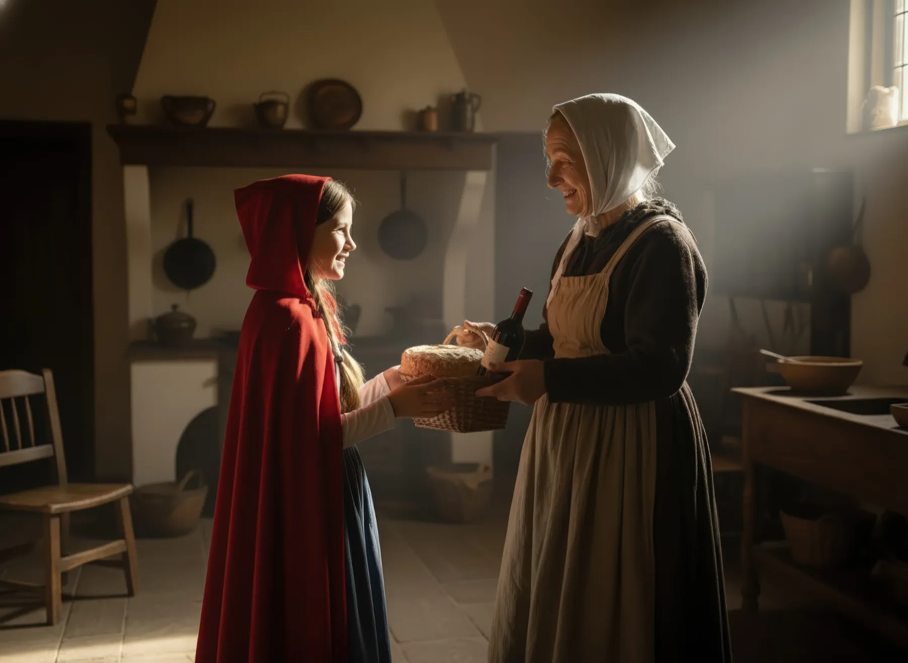 Die Mutter überreicht Rotkäppchen den Korb mit Brot und Äpfeln in der Küche. KI-Illustration zum Originalmärchen (1812).