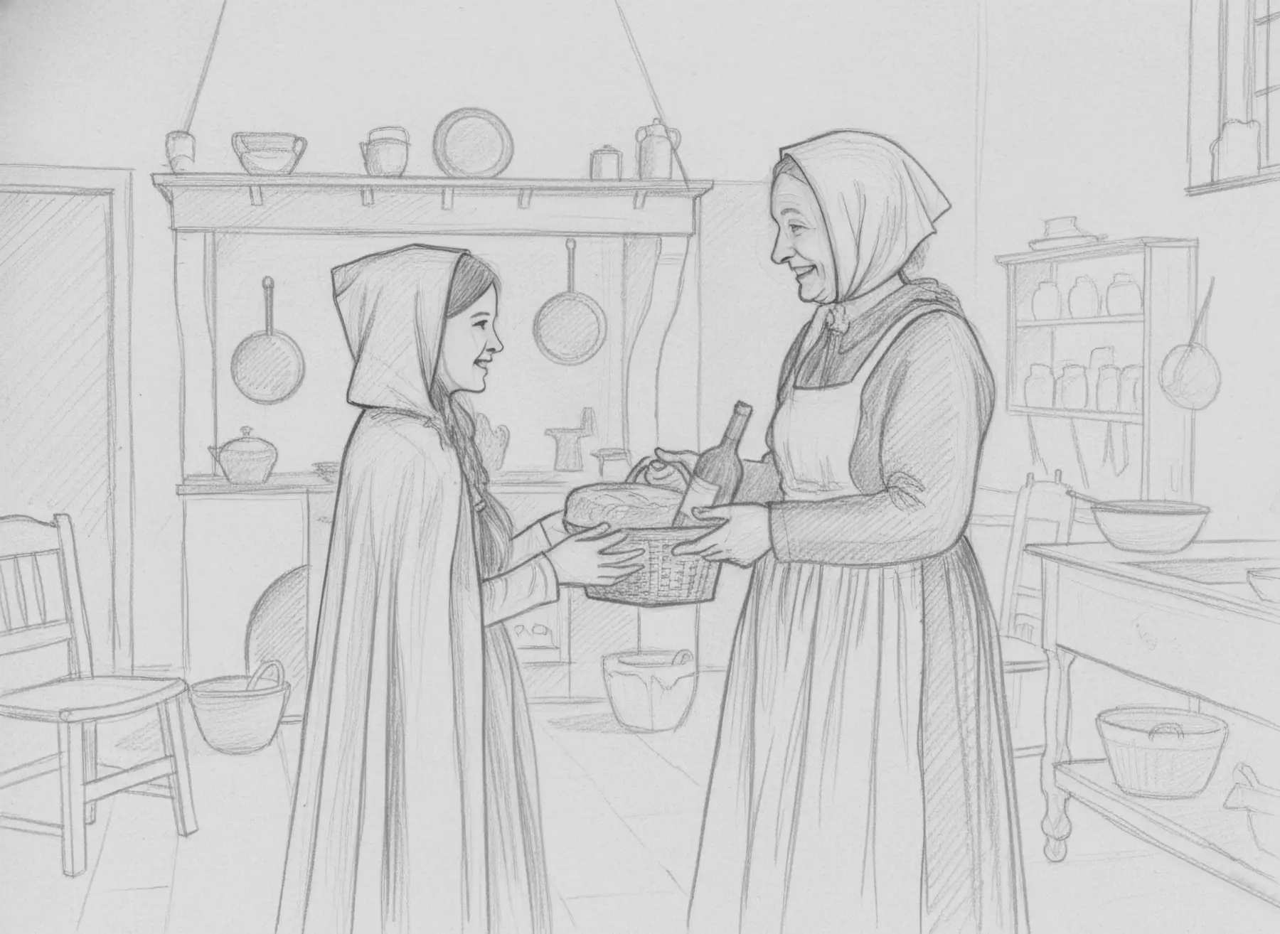 Die Mutter überreicht Rotkäppchen den Korb mit Brot und Äpfeln in der Küche. KI-Illustration zum Originalmärchen (1812).