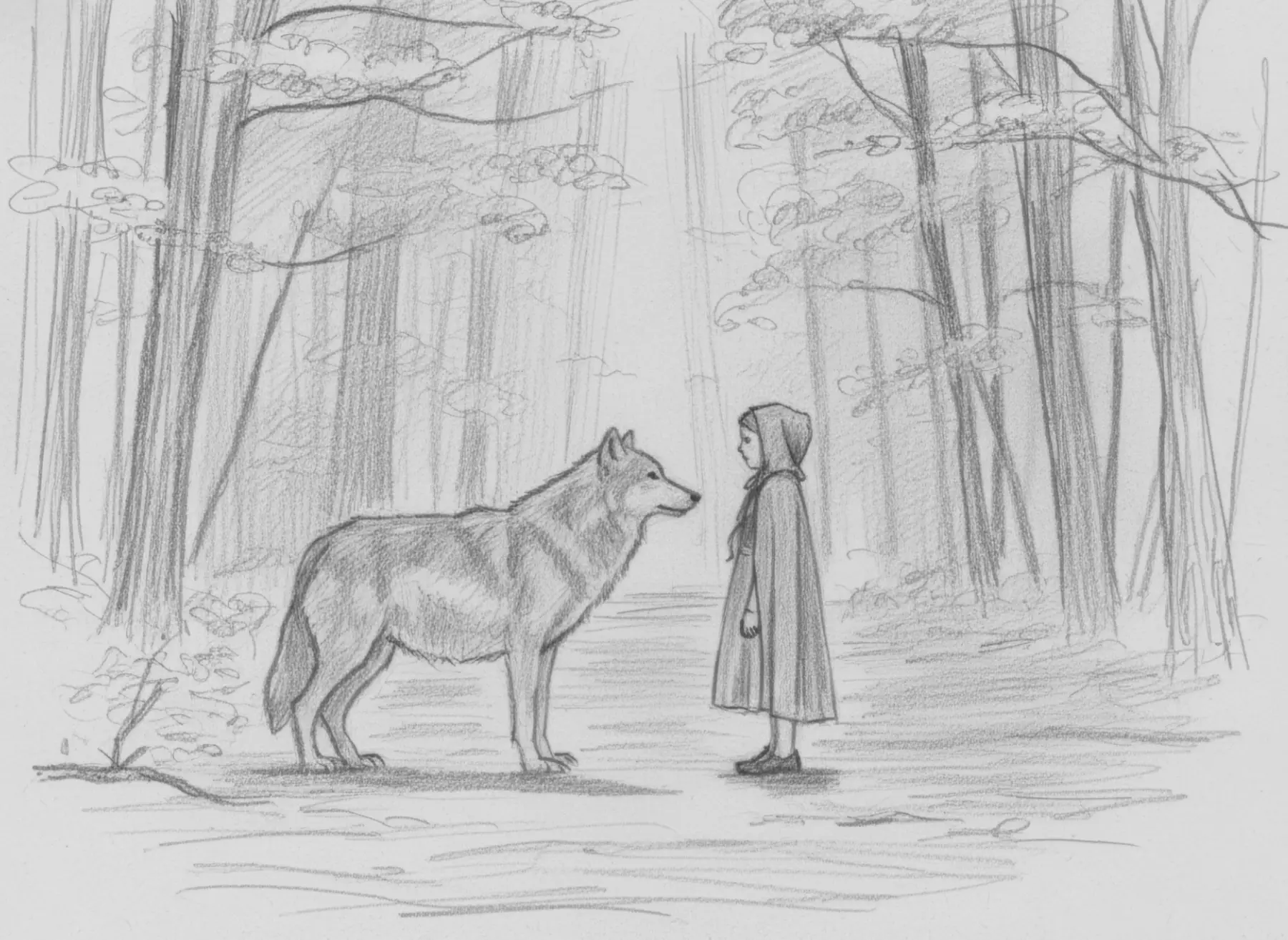 Die Mutter überreicht Rotkäppchen den Korb mit Brot und Äpfeln in der Küche. KI-Illustration zum Originalmärchen (1812).