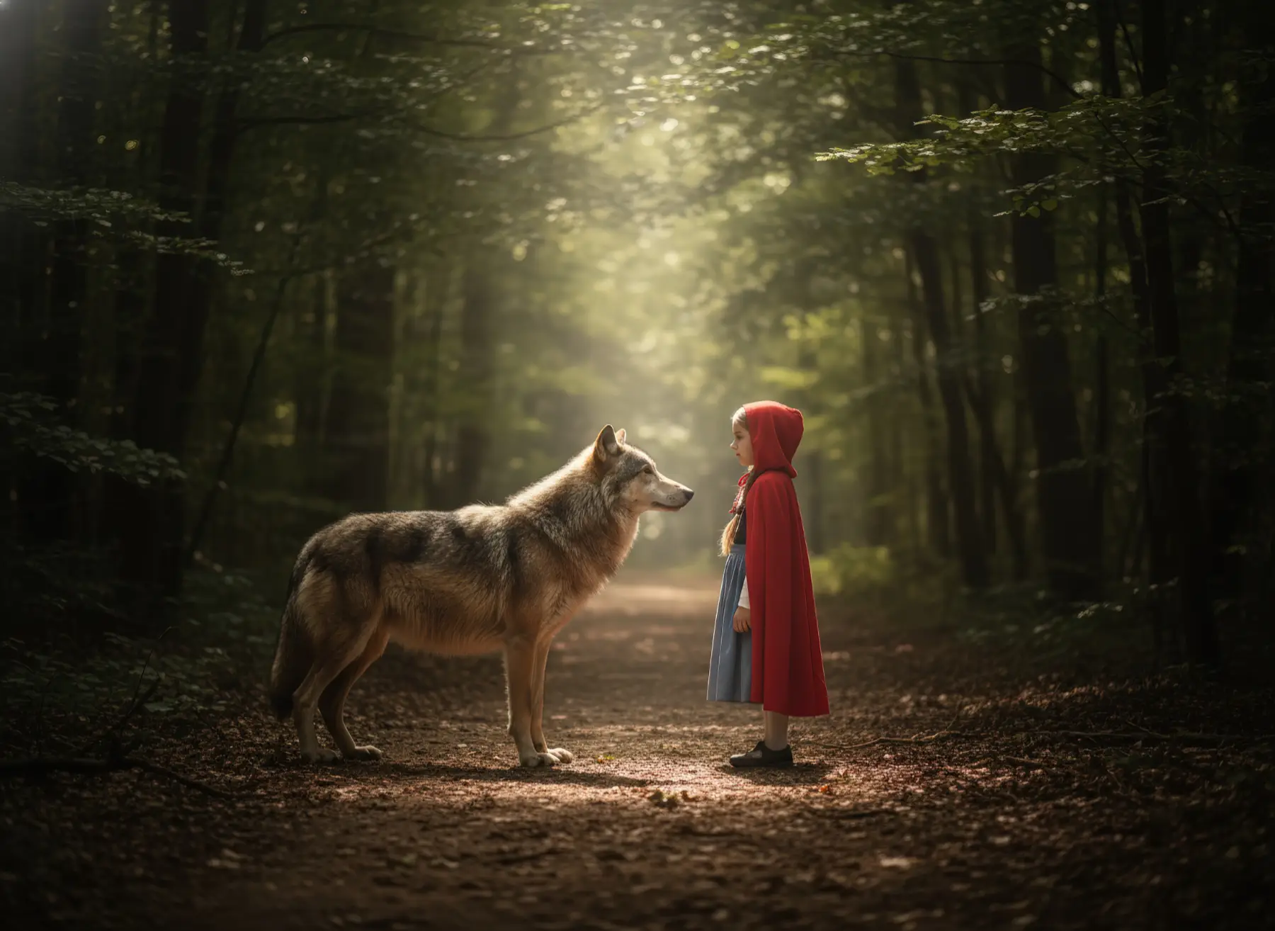 Die Mutter überreicht Rotkäppchen den Korb mit Brot und Äpfeln in der Küche. KI-Illustration zum Originalmärchen (1812).