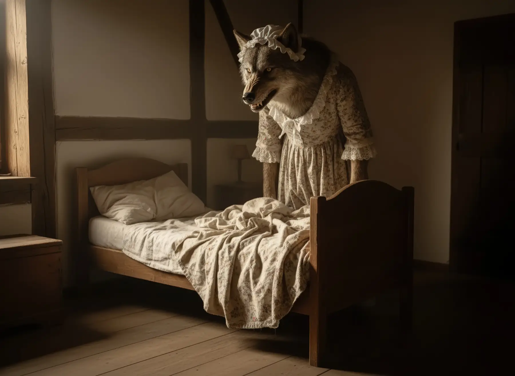 Die Mutter überreicht Rotkäppchen den Korb mit Brot und Äpfeln in der Küche. KI-Illustration zum Originalmärchen (1812).