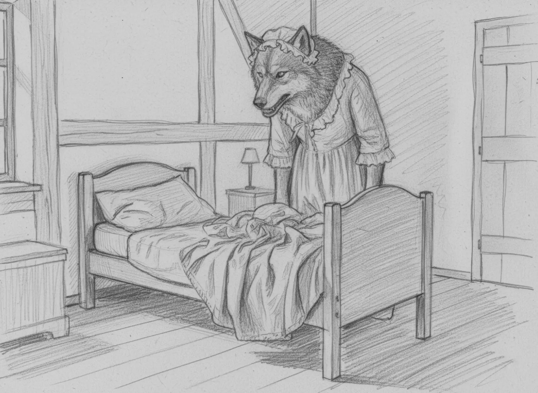 Die Mutter überreicht Rotkäppchen den Korb mit Brot und Äpfeln in der Küche. KI-Illustration zum Originalmärchen (1812).