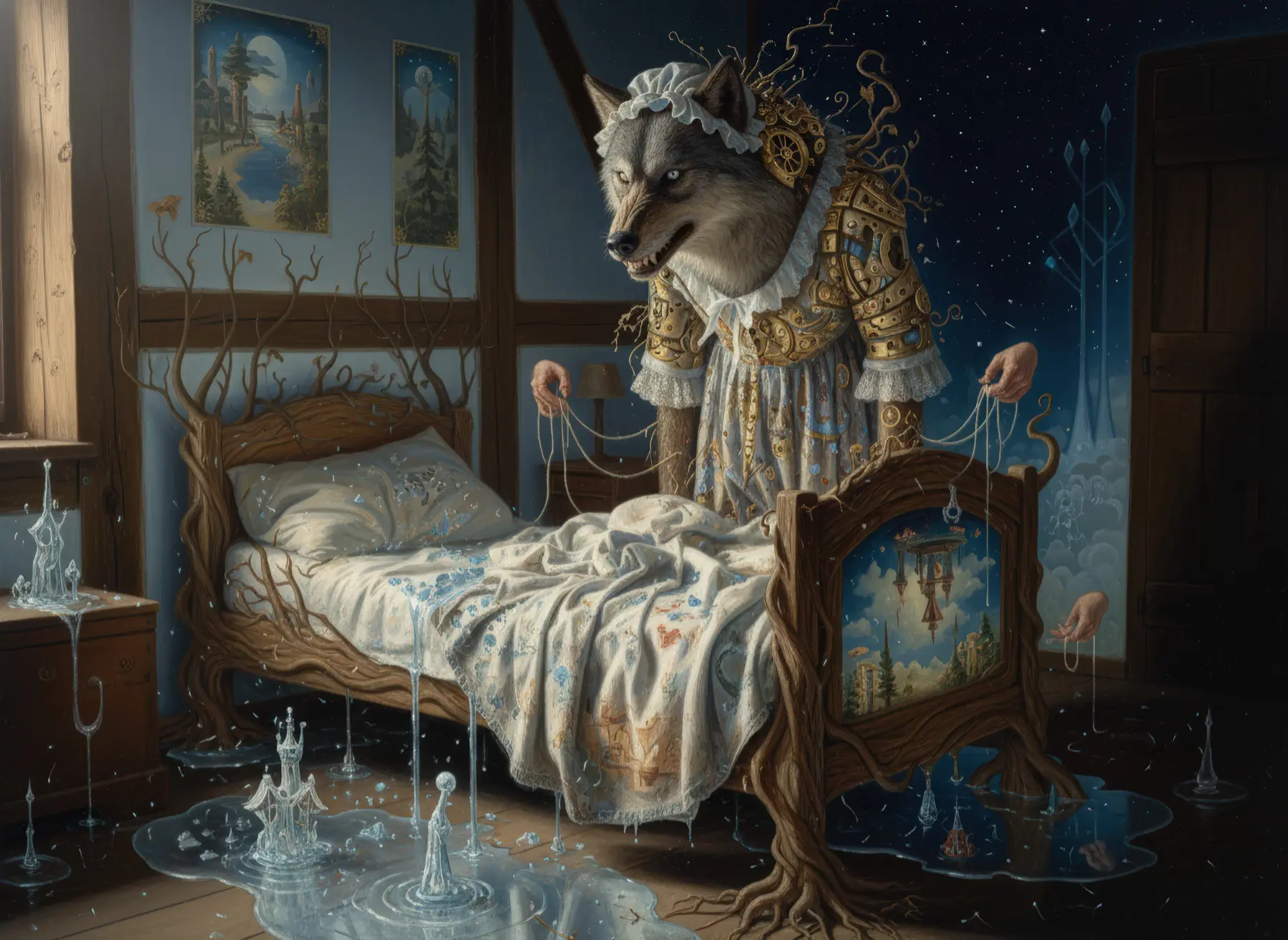 Die Mutter überreicht Rotkäppchen den Korb mit Brot und Äpfeln in der Küche. KI-Illustration zum Originalmärchen (1812).