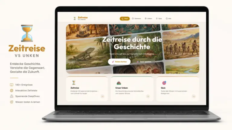 Ein Laptop zeigt die Website Zeitreise VS UNKEN mit historischen Illustrationen und interaktiven Lerninhalten.